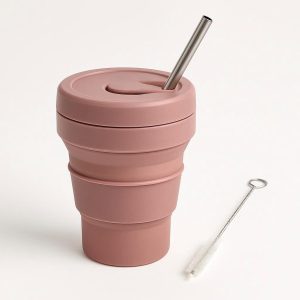 12 Collapsible Coffee Cup with Reusable Stainless Steel Straw and Cleaning Brush